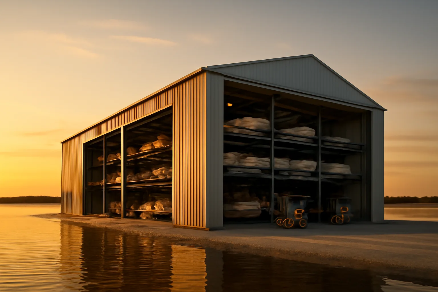 Steel dry stack marina storage building on Alabama bay shoreline at sunset