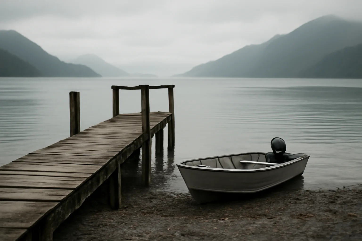 Weathered dock and aluminum fishing boat on Alaska coastal waterfront at low tide