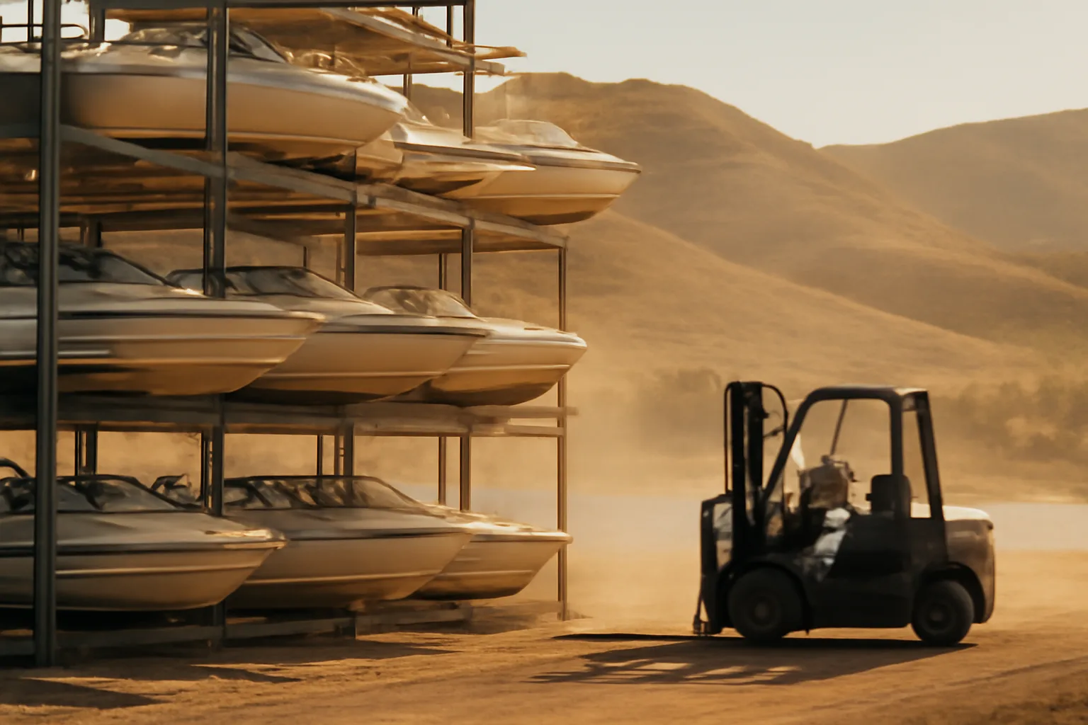 Steel dry stack racks beside an Arizona desert reservoir at afternoon