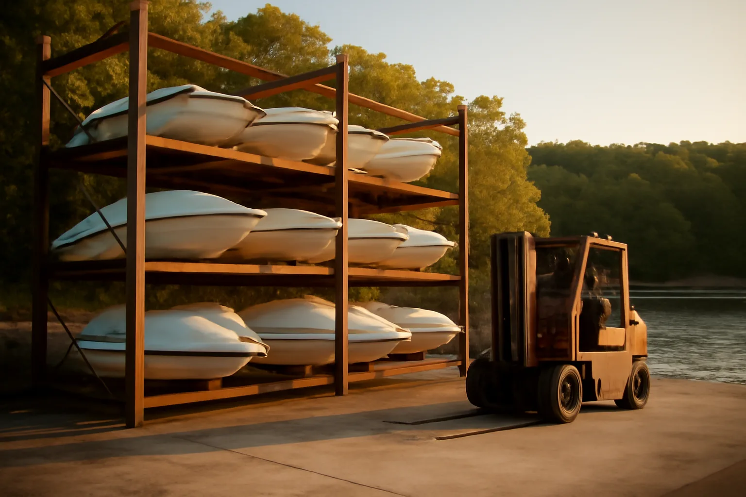 Open steel dry stack racks holding boats beside an Arkansas lake