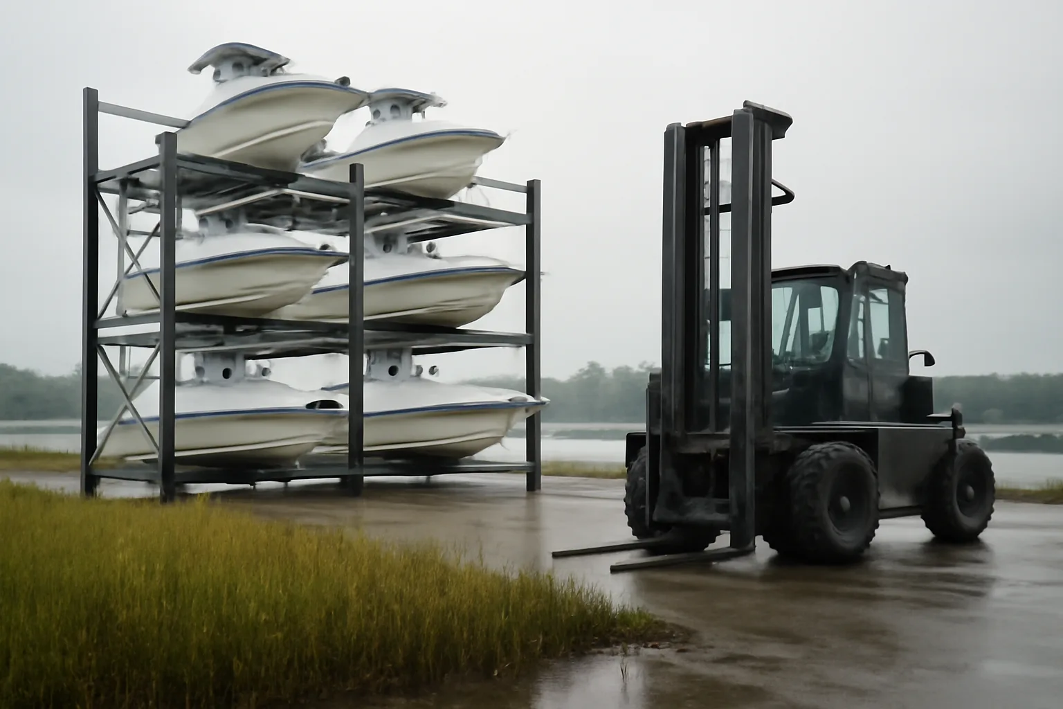 Boats in a dry stack rack beside a Connecticut tidal creek