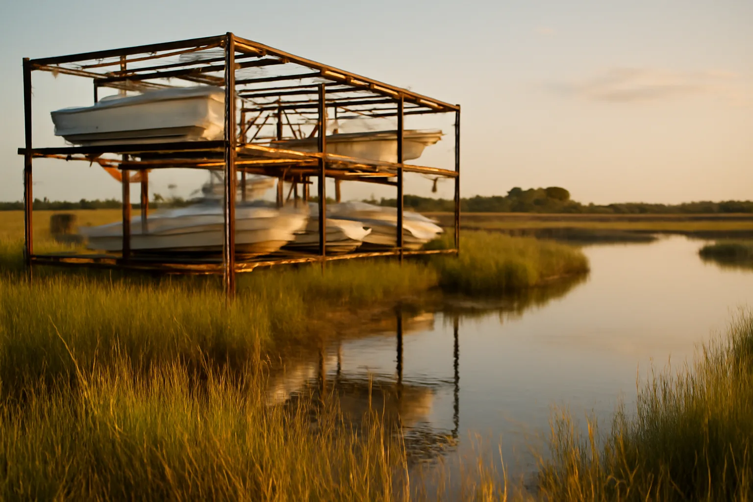 Steel dry stack racks beside a Delaware tidal creek at dusk