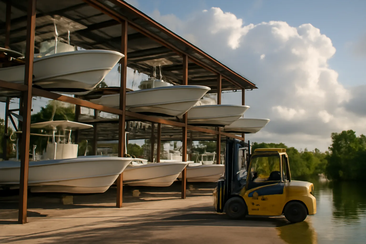 Open steel dry stack marina racks beside a Florida canal