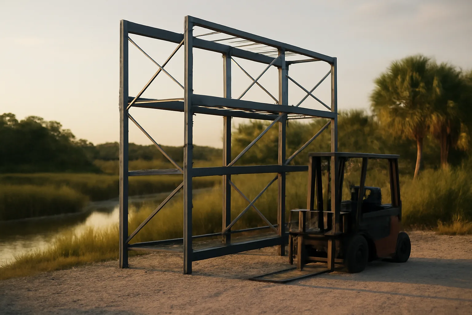 Steel dry stack racks beside a Georgia tidal creek at dusk