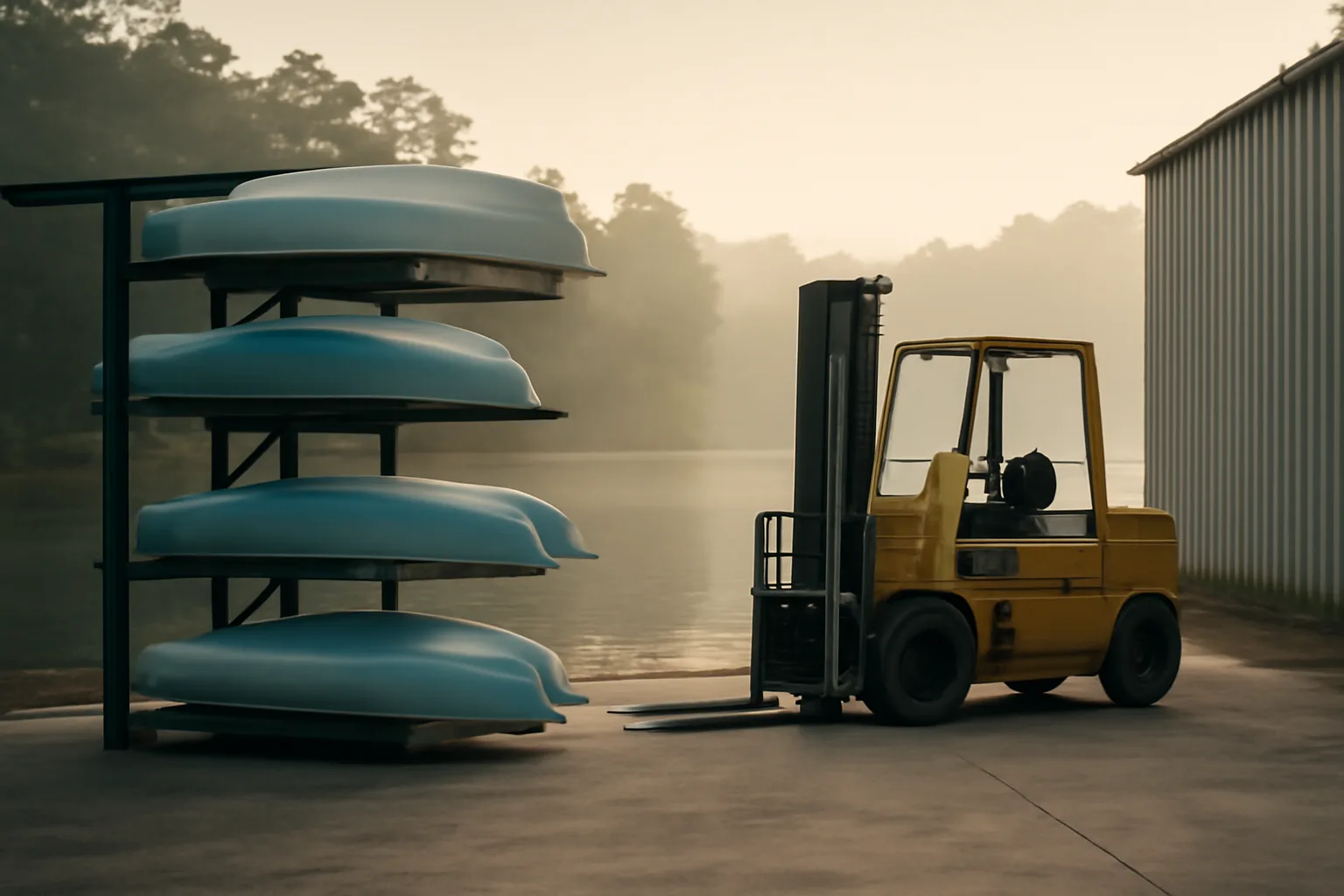 Boats in steel dry stack racks beside an Arkansas lake