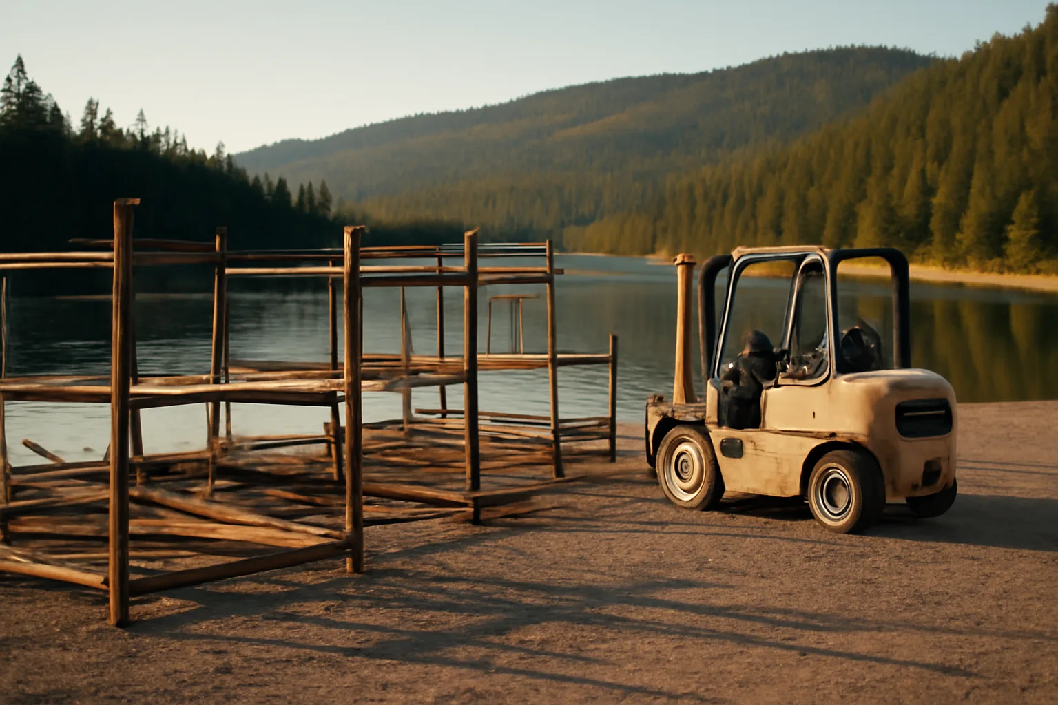 Empty steel dry stack racks beside a Colorado reservoir at sunset