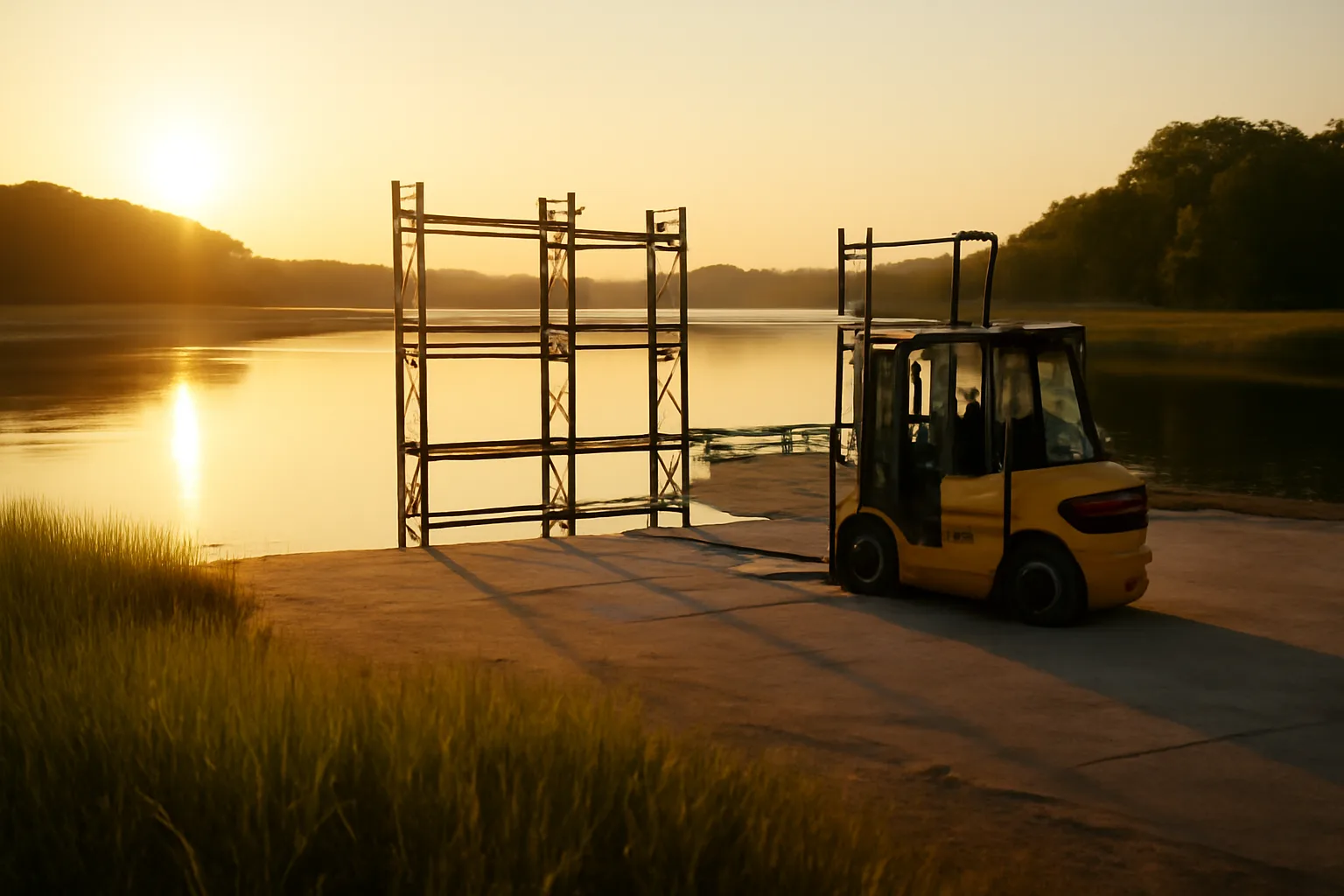 Dry stack marina racks and forklift on a Connecticut harbor apron