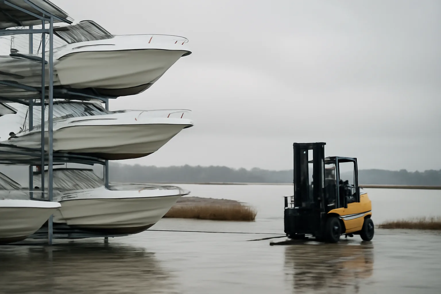 Dry stack marina racks and forklift beside a Delaware bay