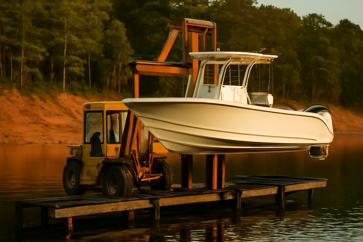 Forklift placing a boat into dry stack racks on a Georgia lake