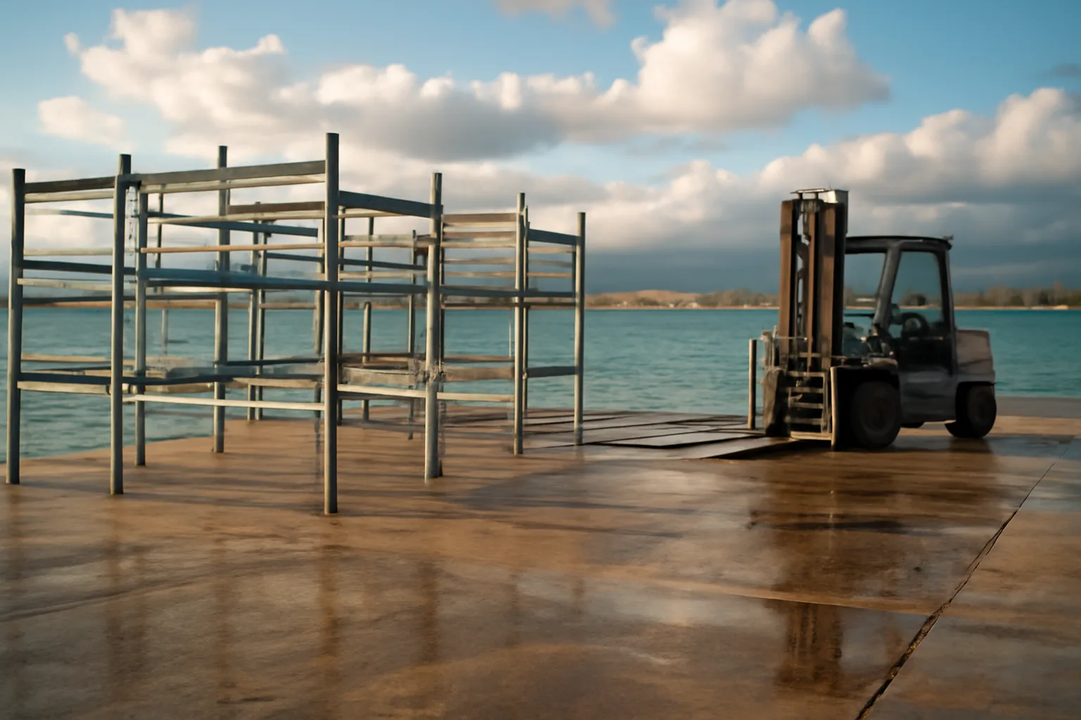 Galvanized dry stack marina racks on a Honolulu industrial shoreline