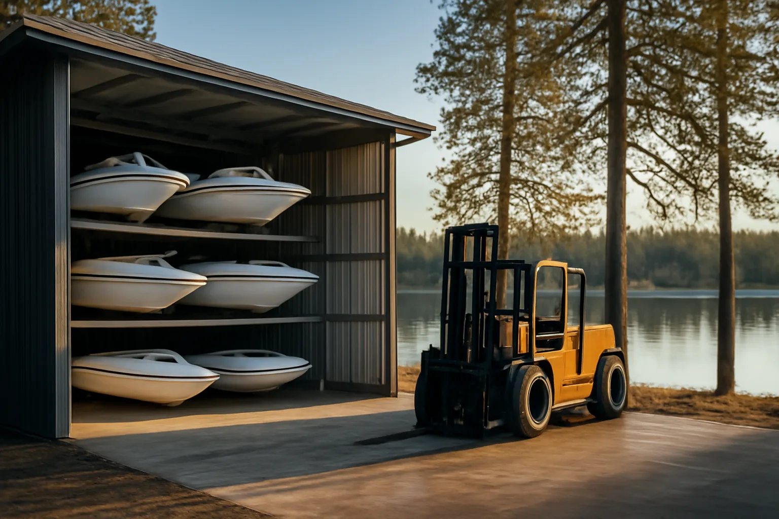 Dry stack marina racks and forklift beside an Idaho lake