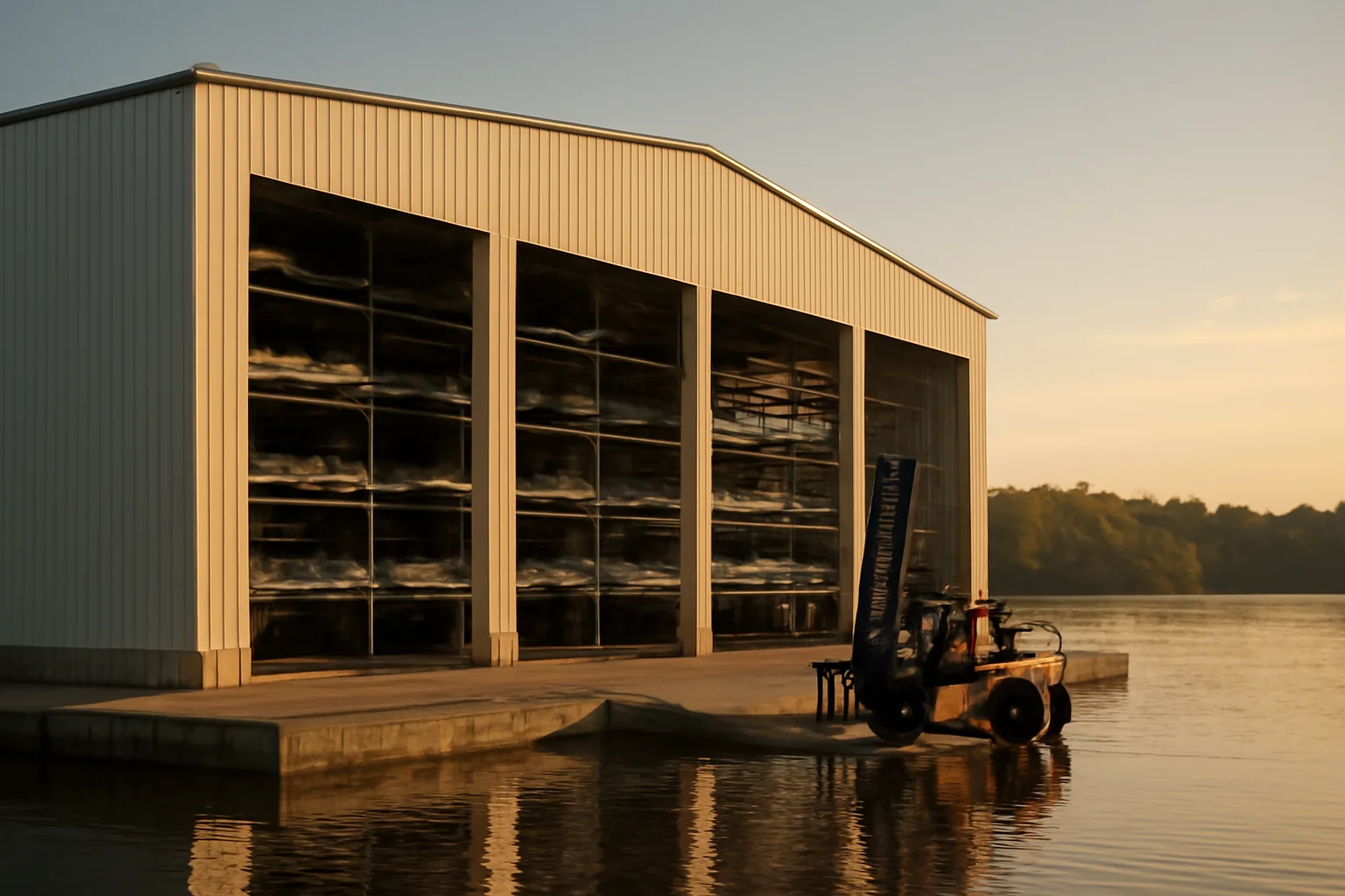 Dry stack marina building on Alabama lake with forklift near boat launch ramp