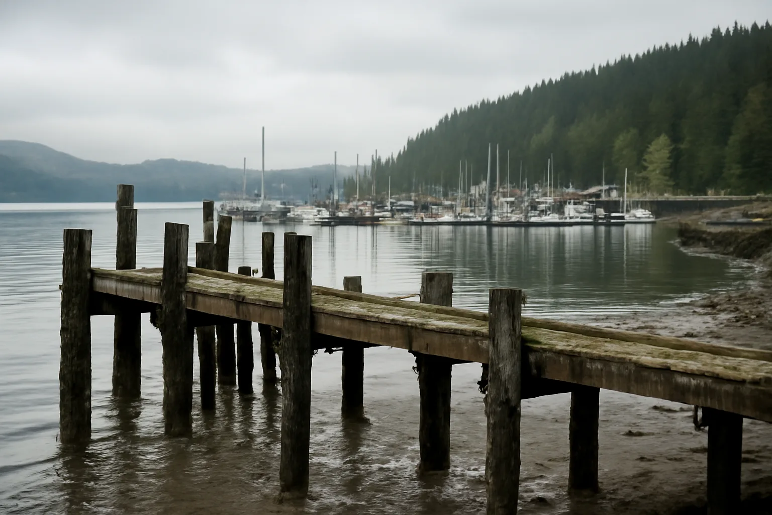 Coastal Alaska marina at low tide with wooden dock pilings and forested hillside