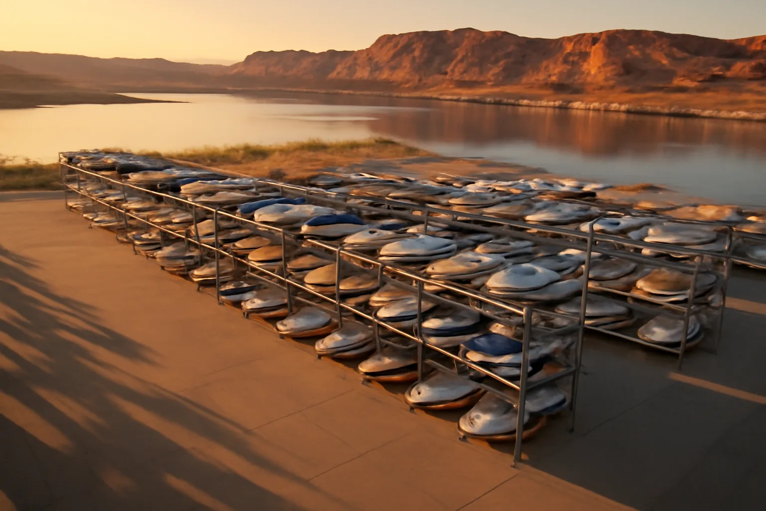 Aerial view of a dry stack marina facility beside an Arizona desert lake at sunset