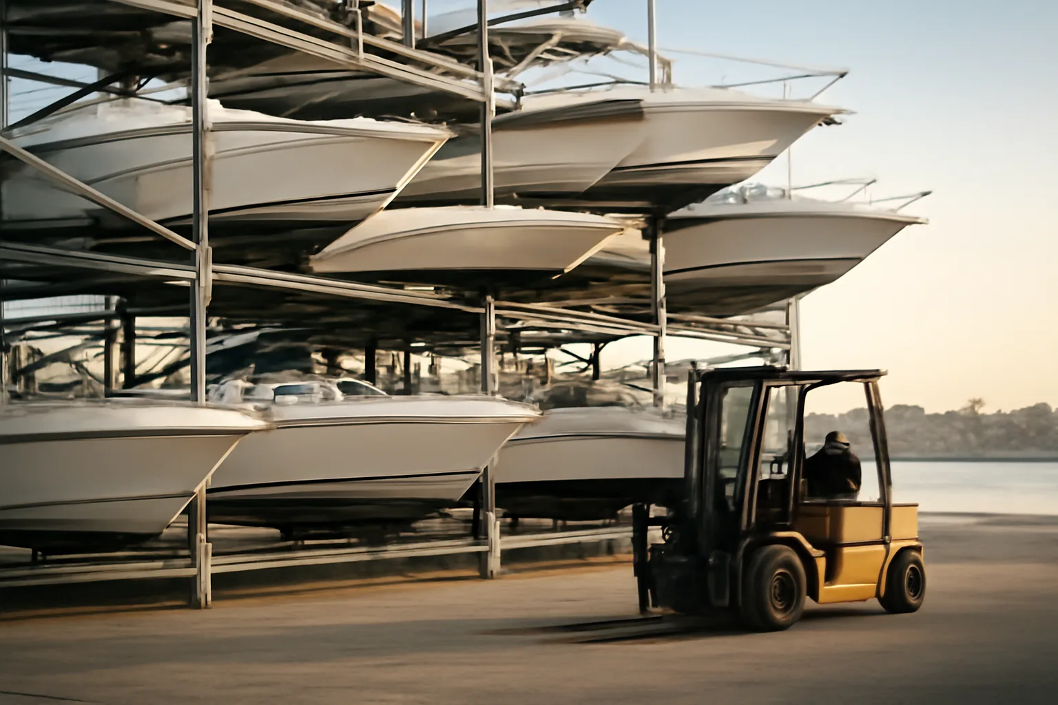 Boats stored on steel racks at a California dry stack marina