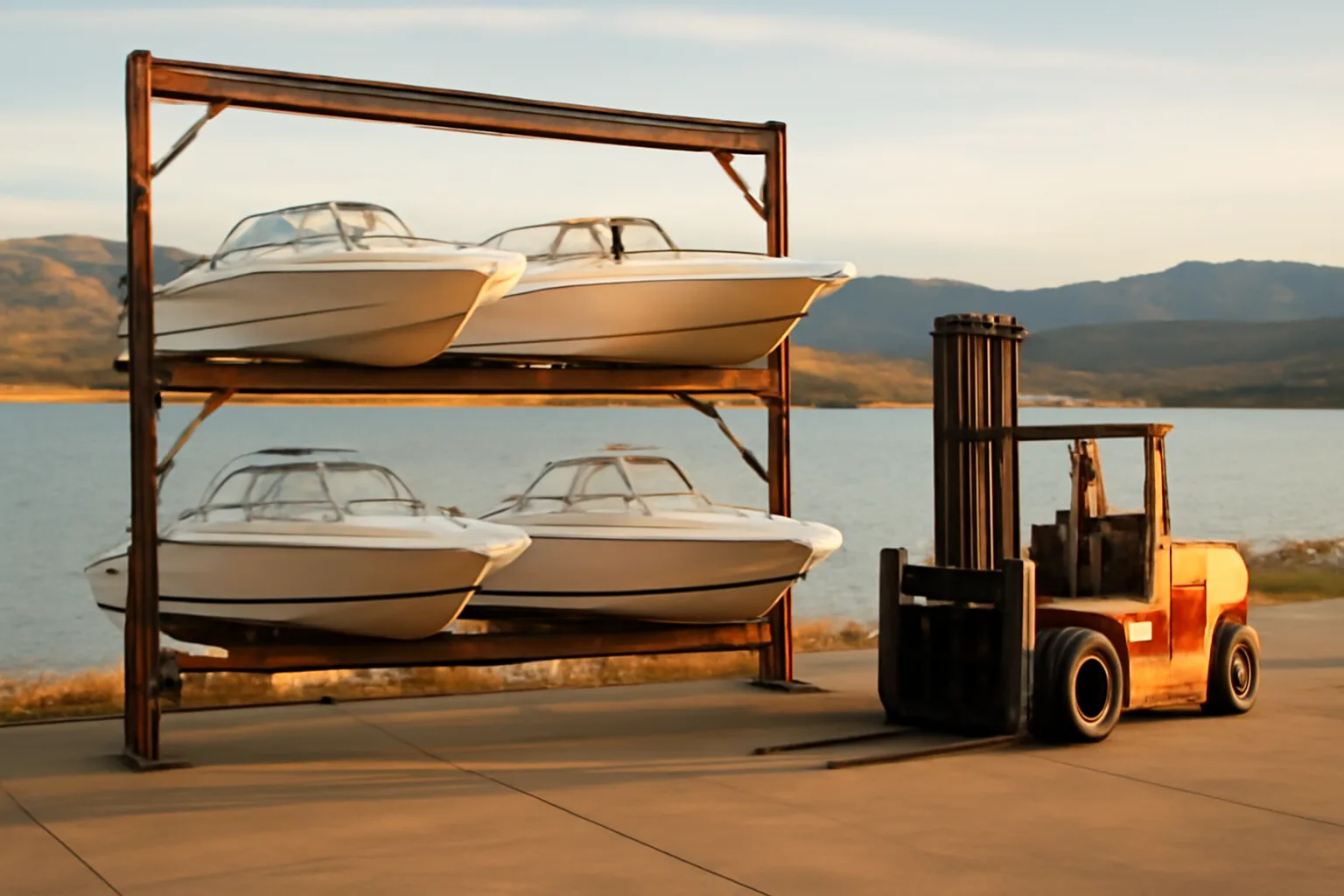Boats stacked in steel racks beside a Colorado reservoir at sunset
