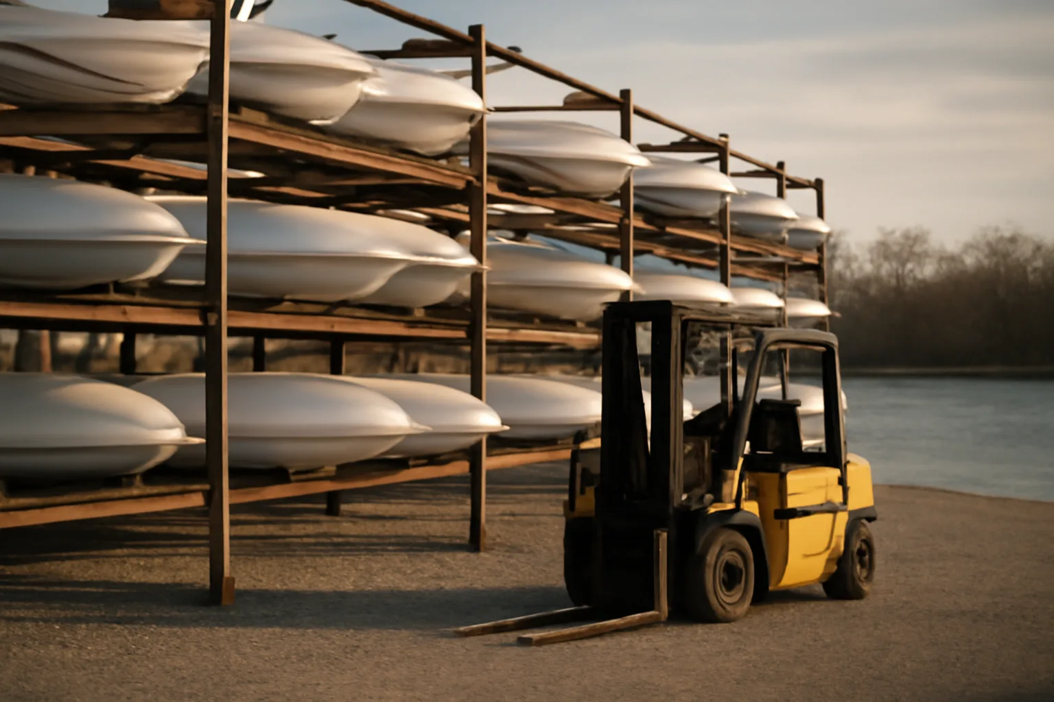 Boat racks and forklift beside Connecticut shore water at afternoon