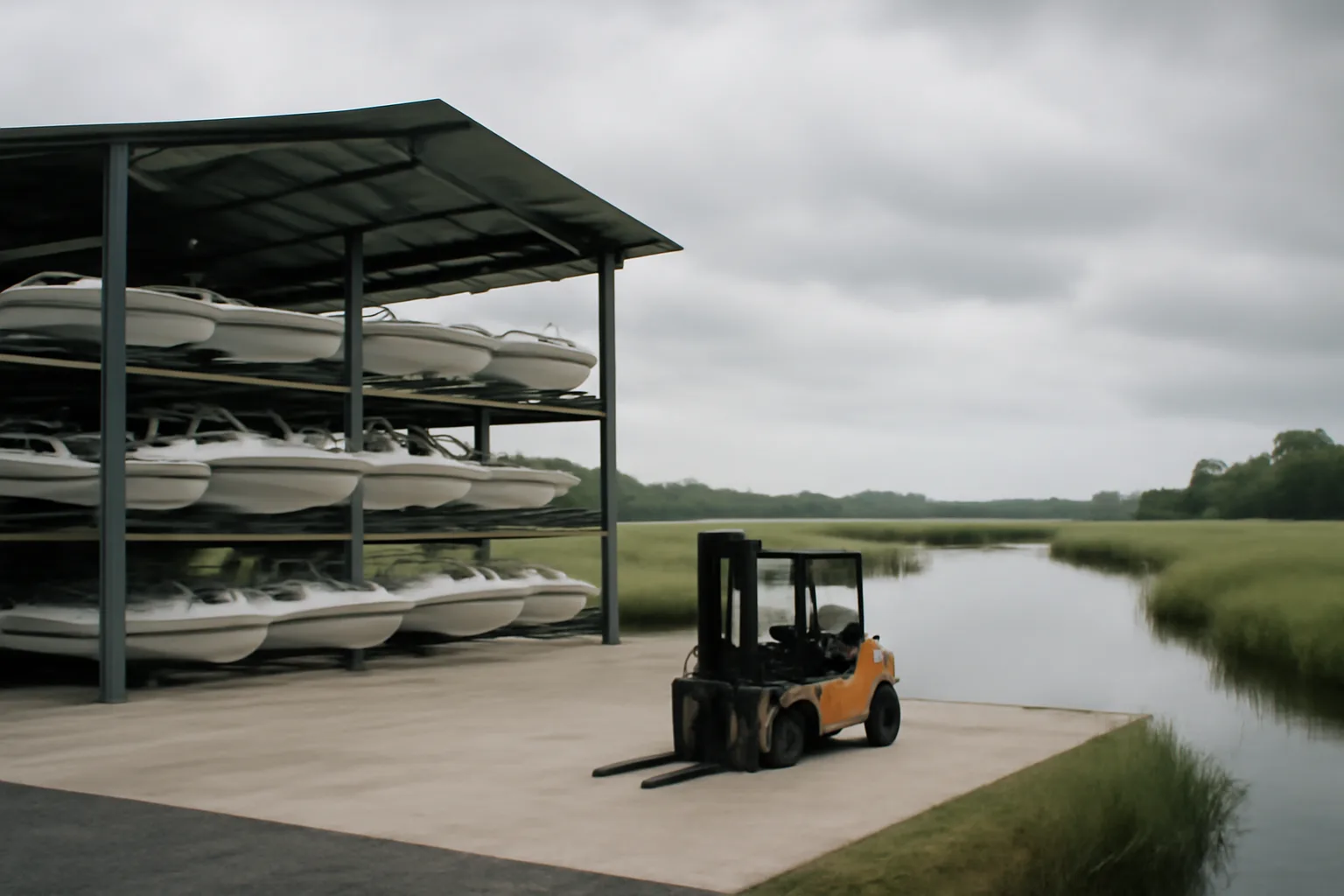 Boats stored in open steel racks beside a Delaware tidal creek