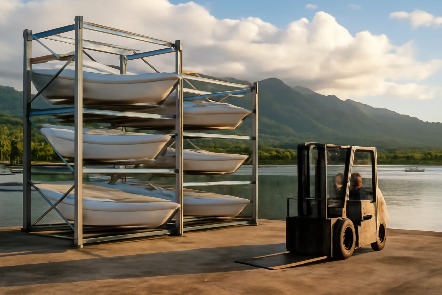 Boat hulls stored in Hawaii dry stack marina racks at sunset
