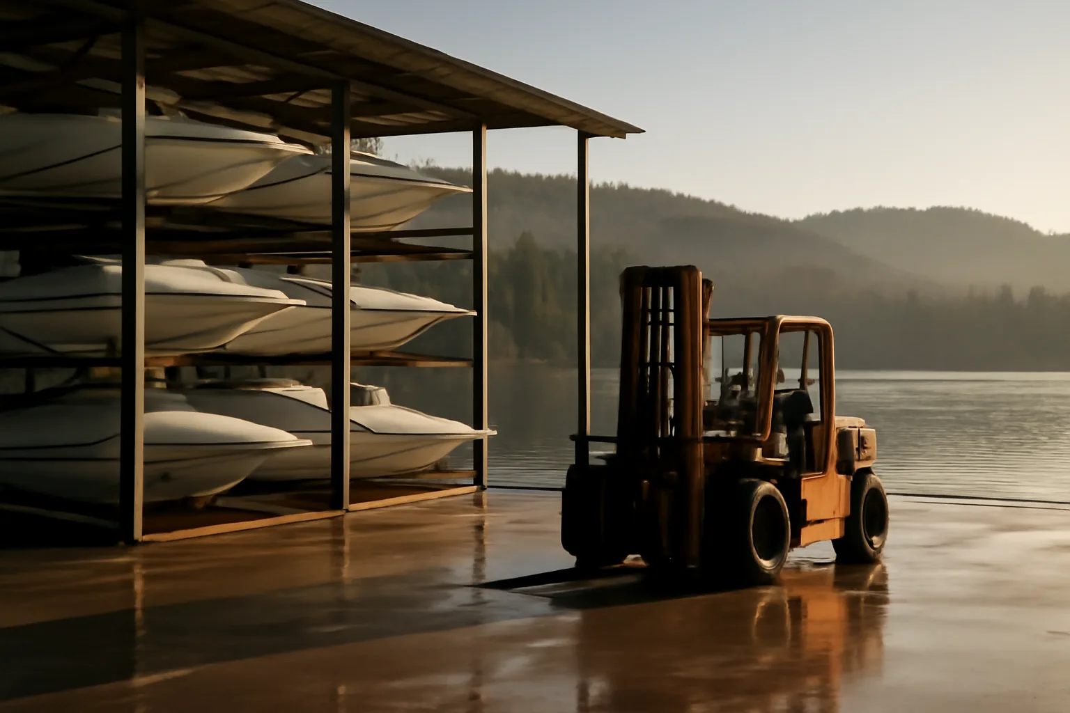 Boats stacked in a lakeside Idaho dry stack rack building