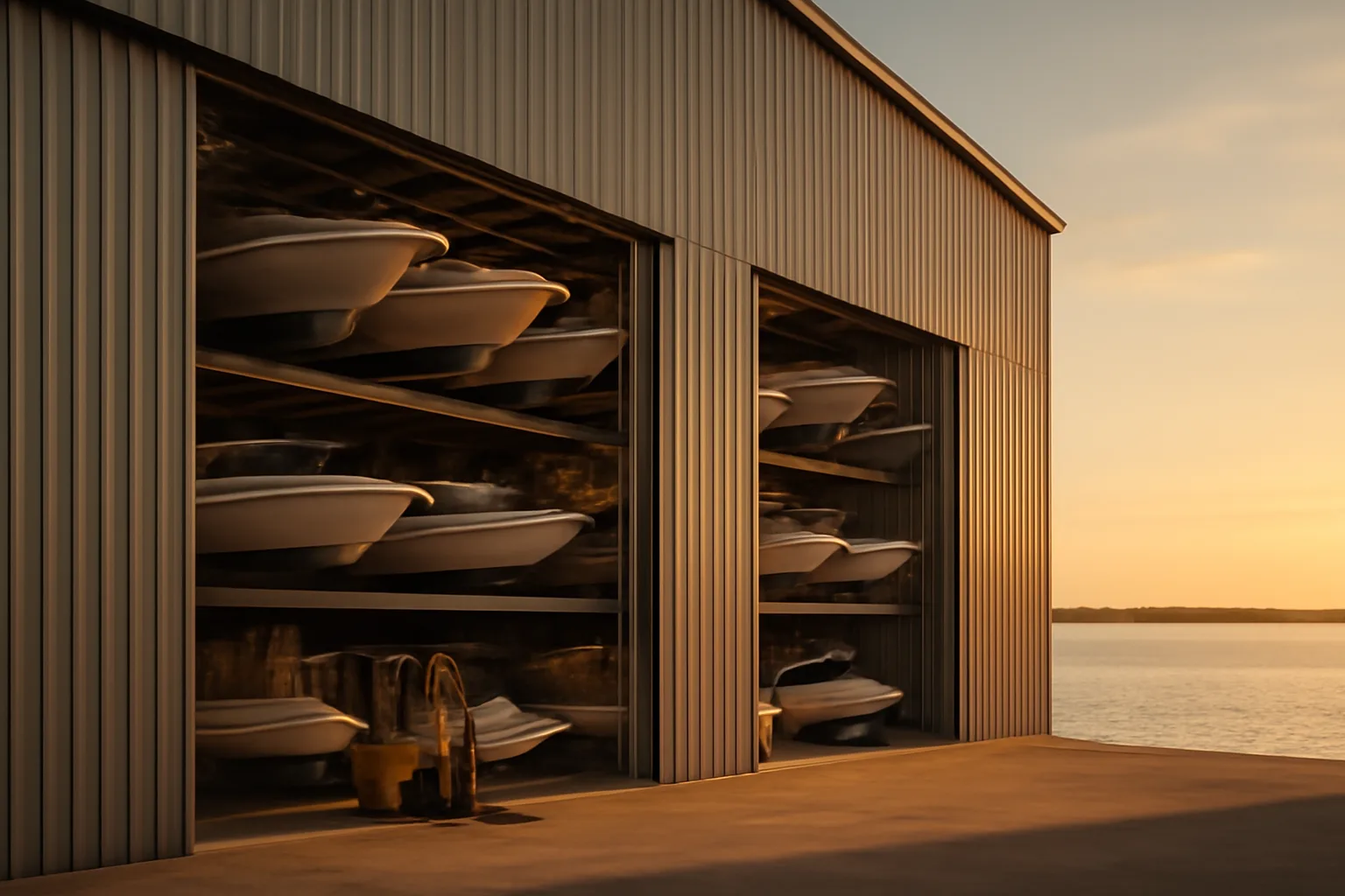 Steel dry stack marina building on the Alabama Gulf Coast with forklift and stored boats visible