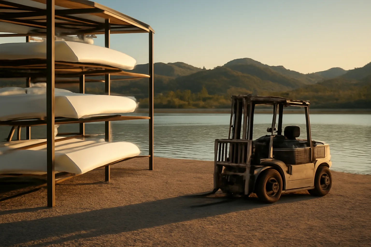 Boat racks at an Arizona dry stack marina beside desert water