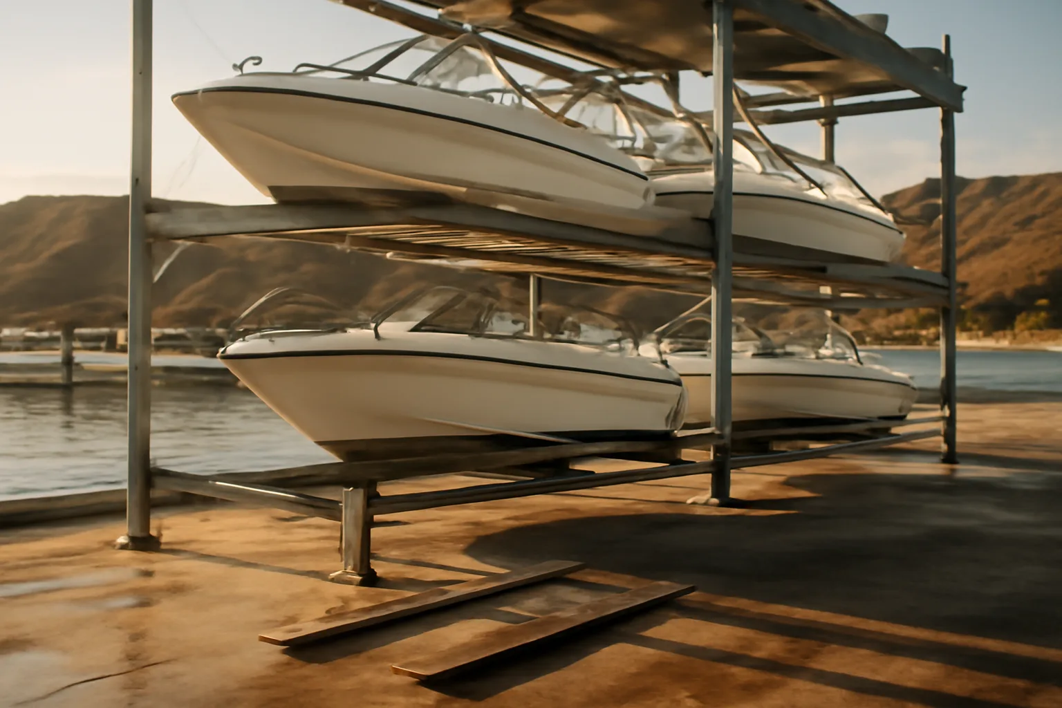 Galvanized dry stack racks holding boats beside a California harbor