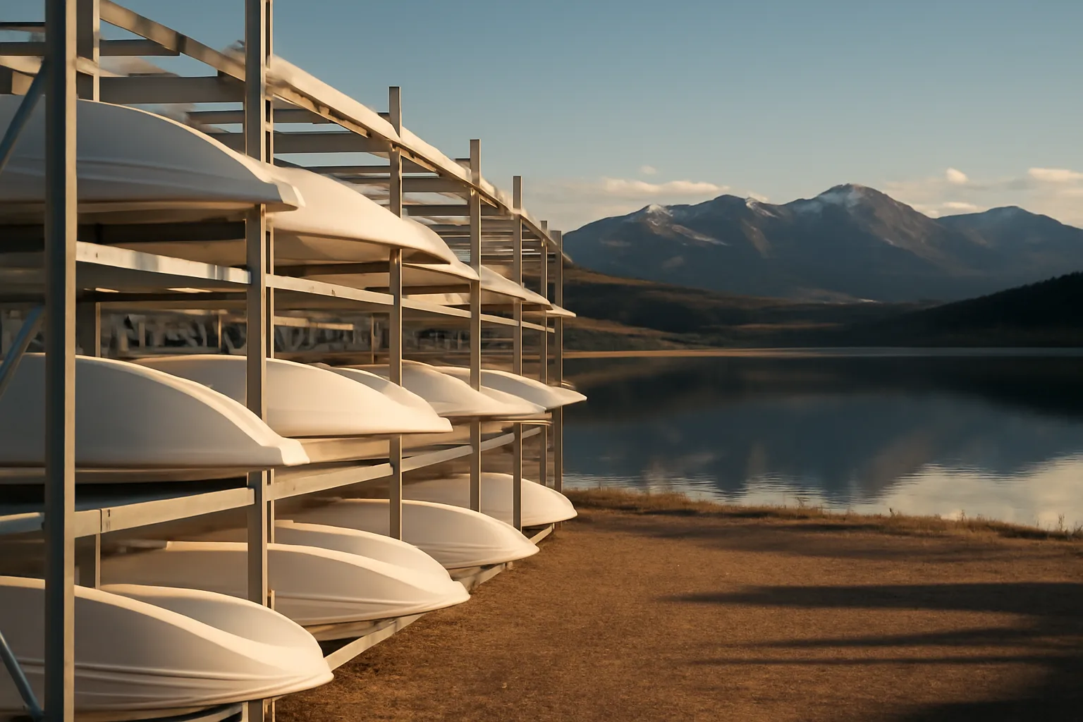 Steel dry stack racks and boats beside a Colorado mountain reservoir