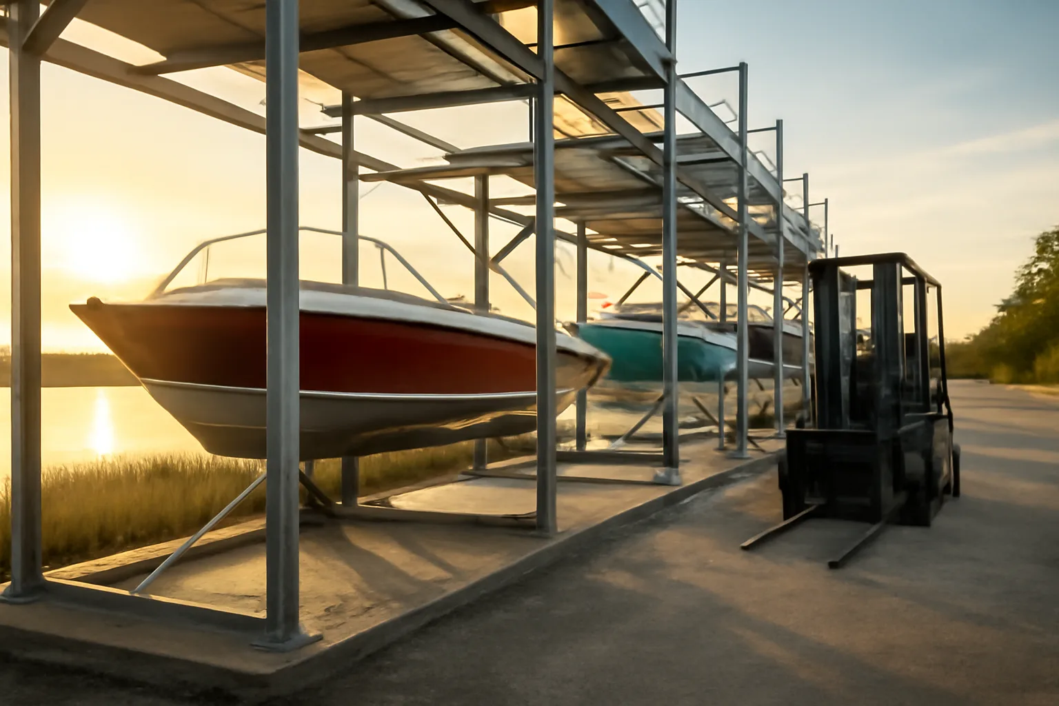 Dry stack racks and forklift at a Delaware tidal boat yard