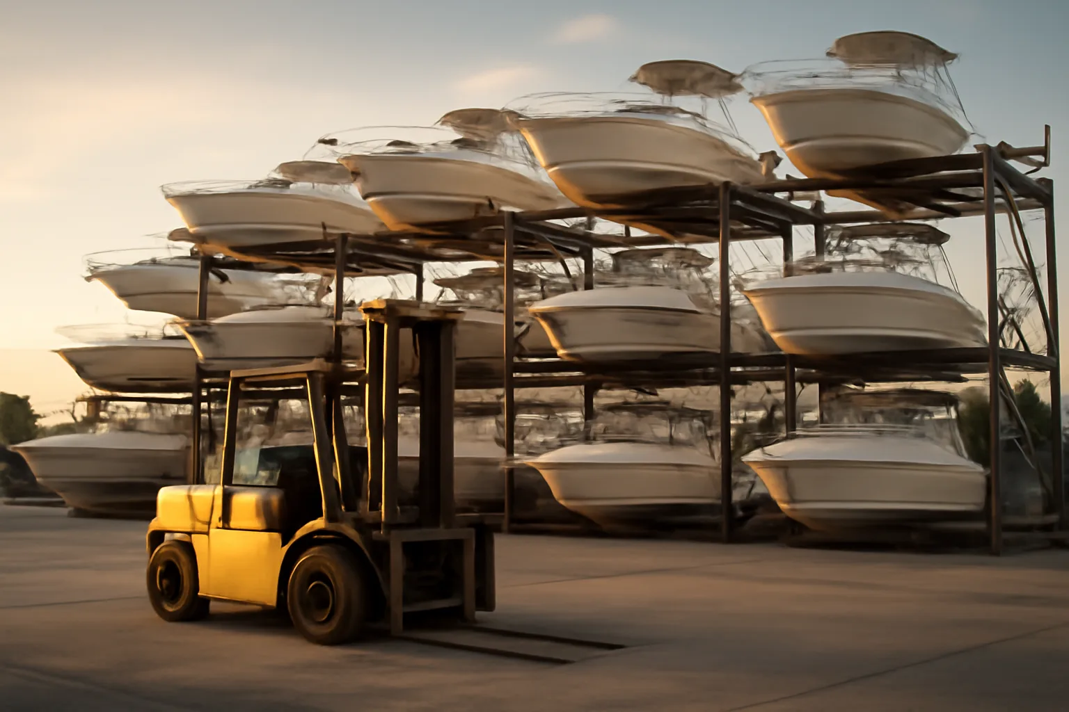 Stacked boats at a Florida dry stack marina in late sun