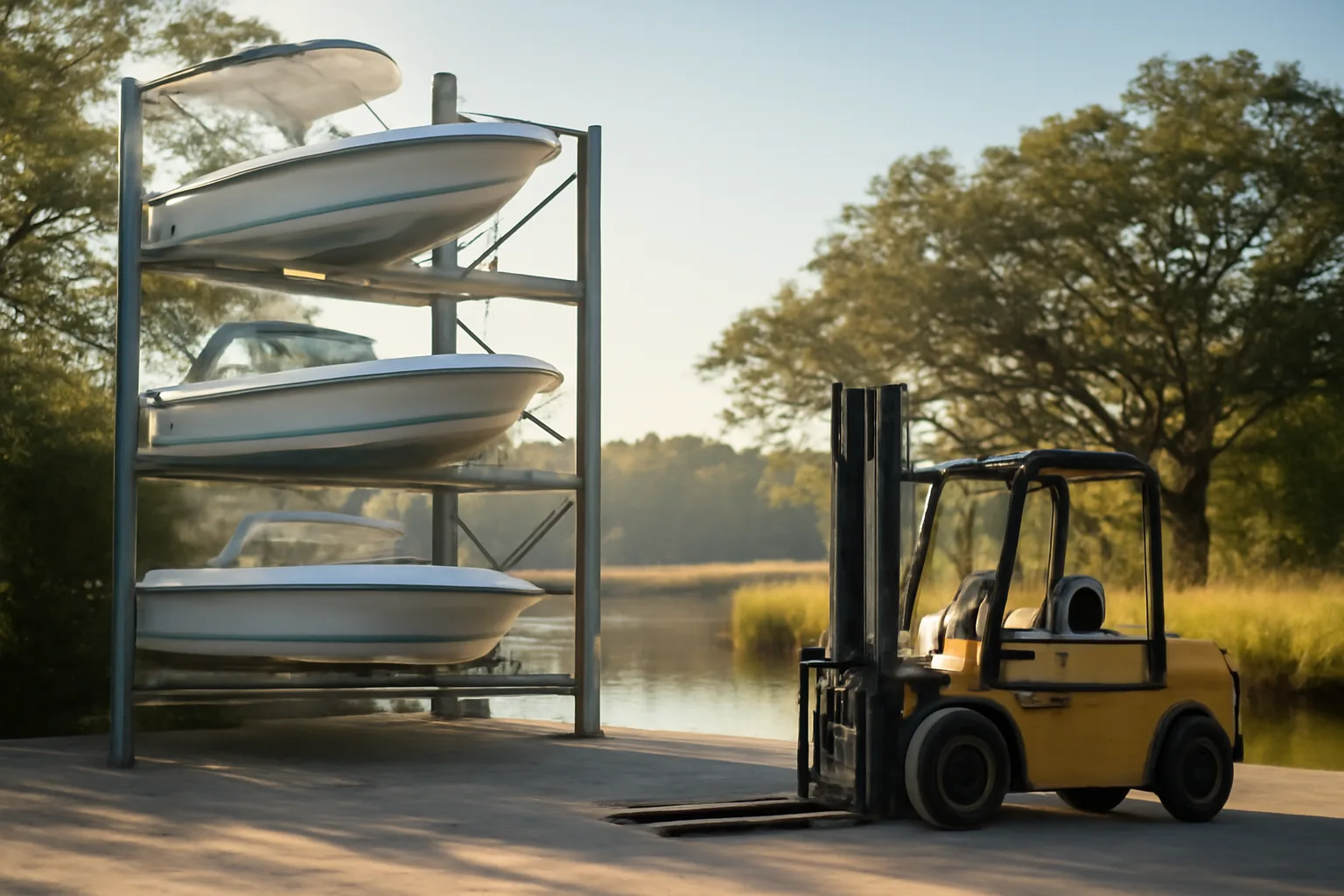Steel dry stack racks and boats beside a Georgia tidal creek