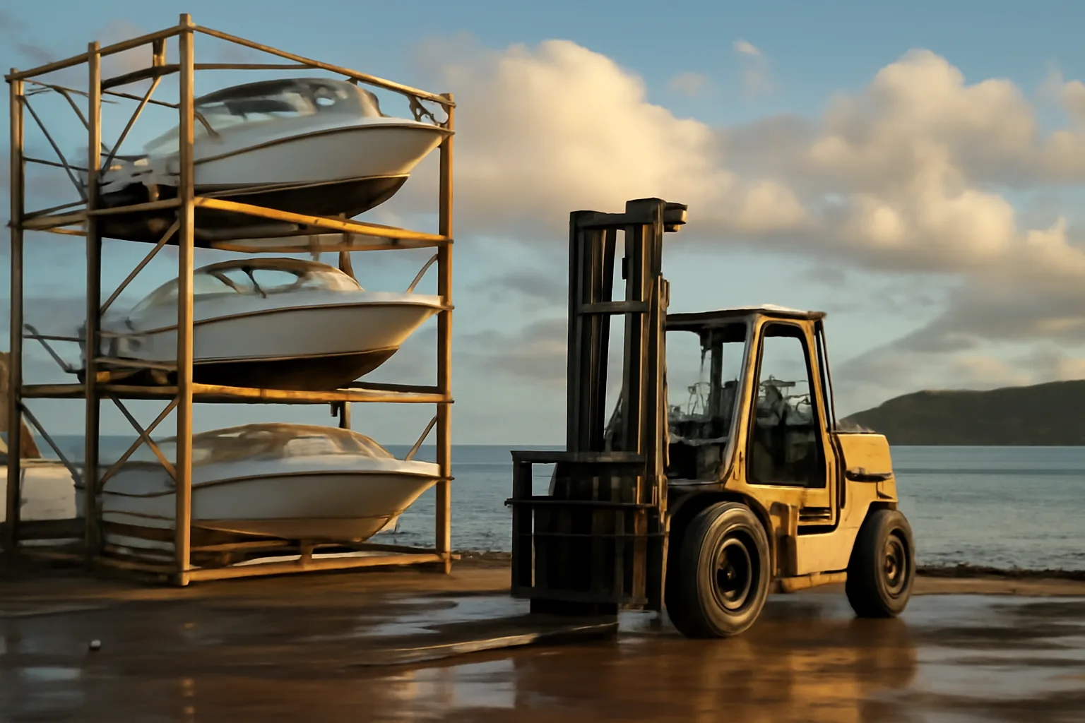 Boats on steel dry stack racks beside a Hawaiian harbor