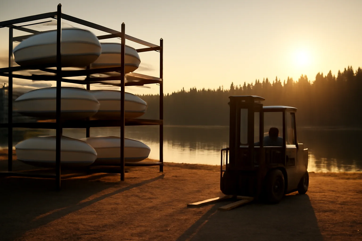Steel dry stack racks beside a calm north Idaho lake