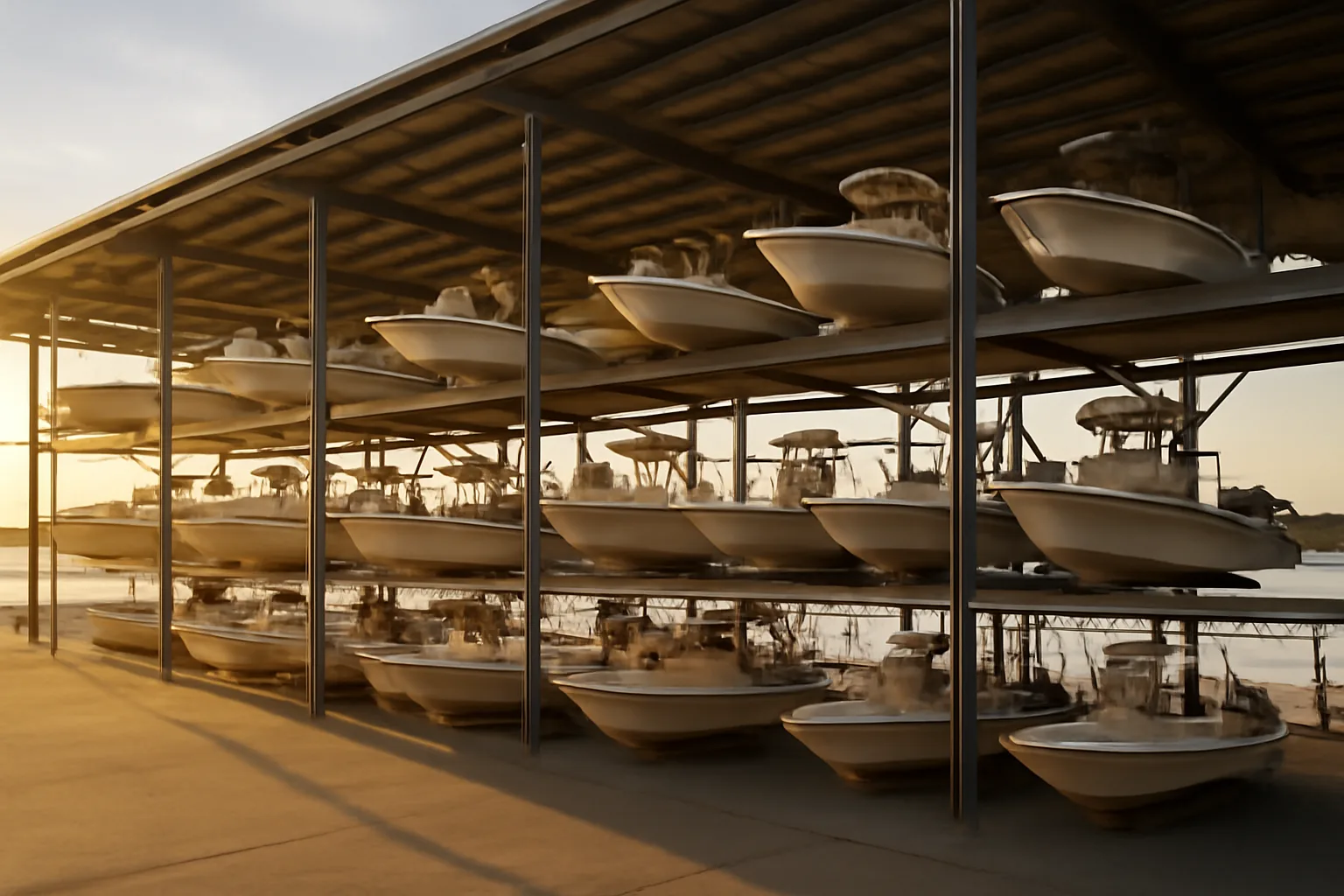 Rows of boats stacked in a dry stack marina building near Alabama coastal water