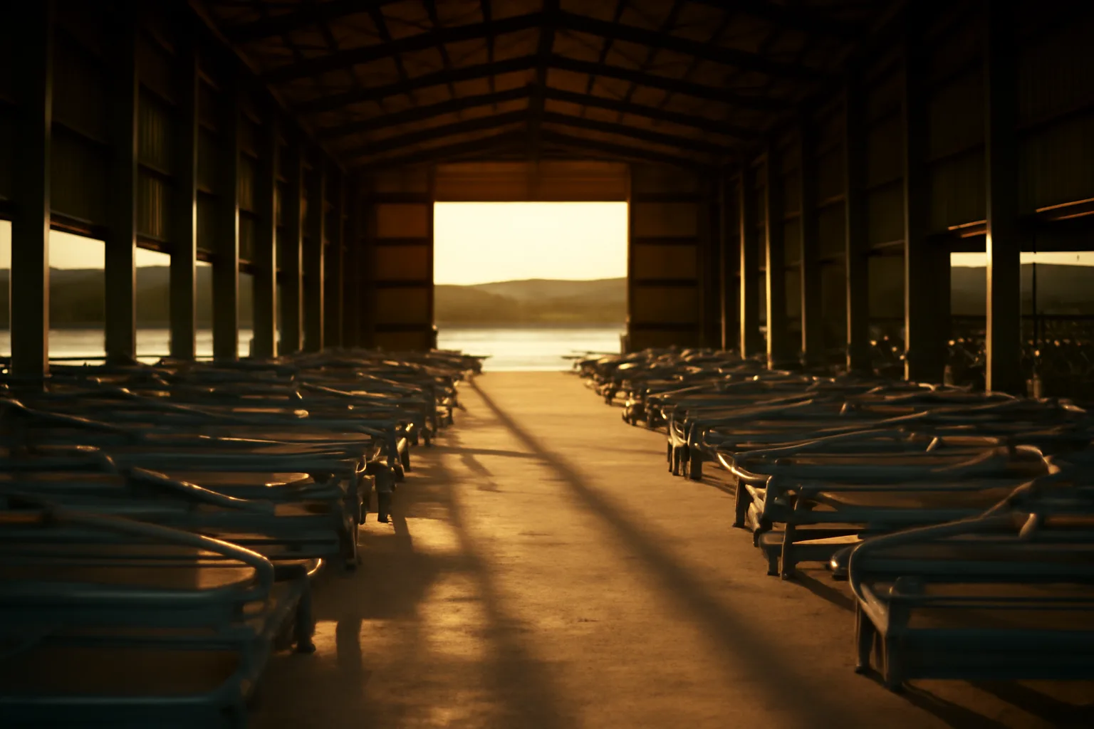 Interior of a dry stack marina rack building at an Arizona lake, empty boat cradles in rows