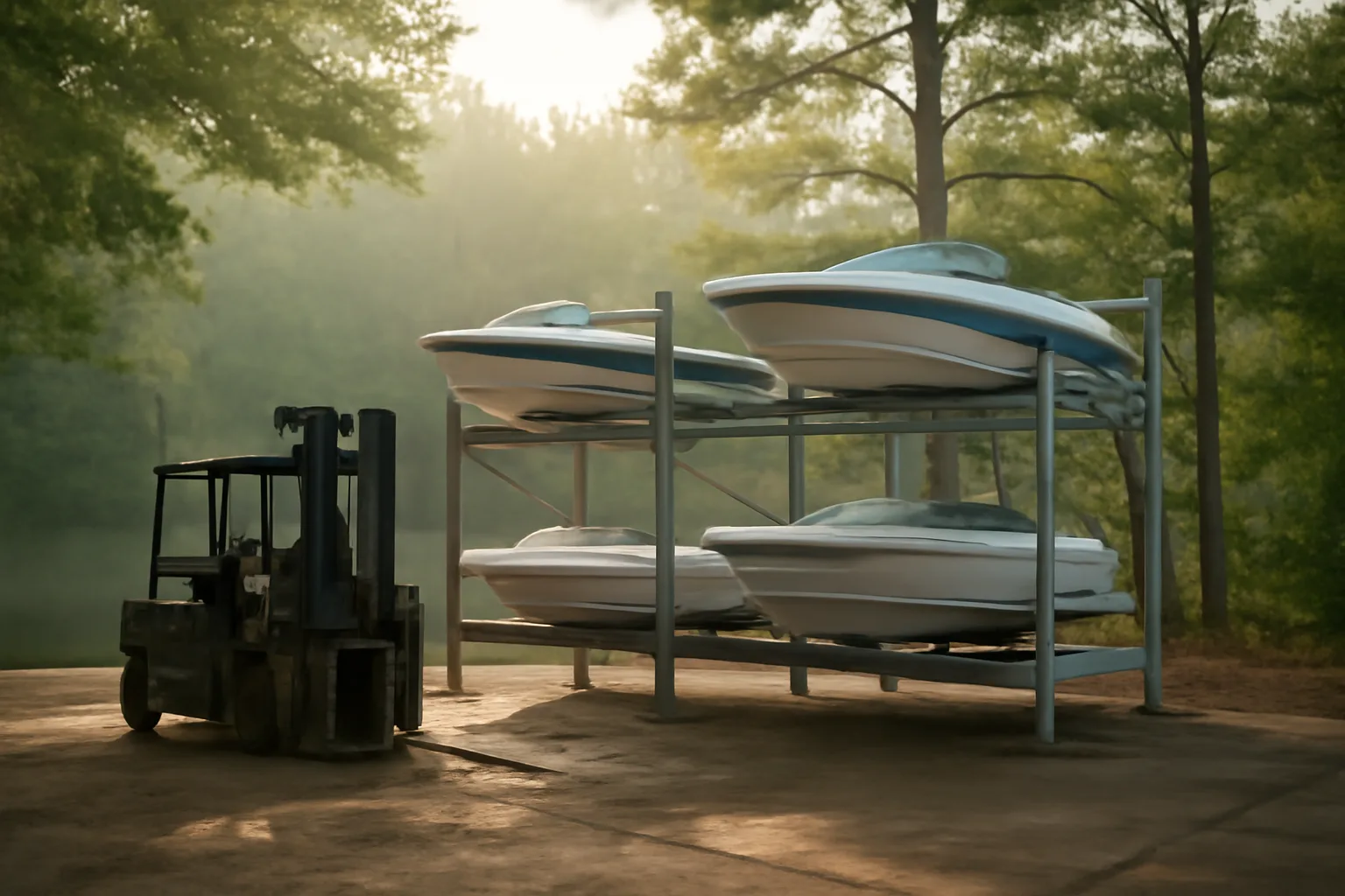 Boat racks and a forklift beside an Arkansas reservoir cove