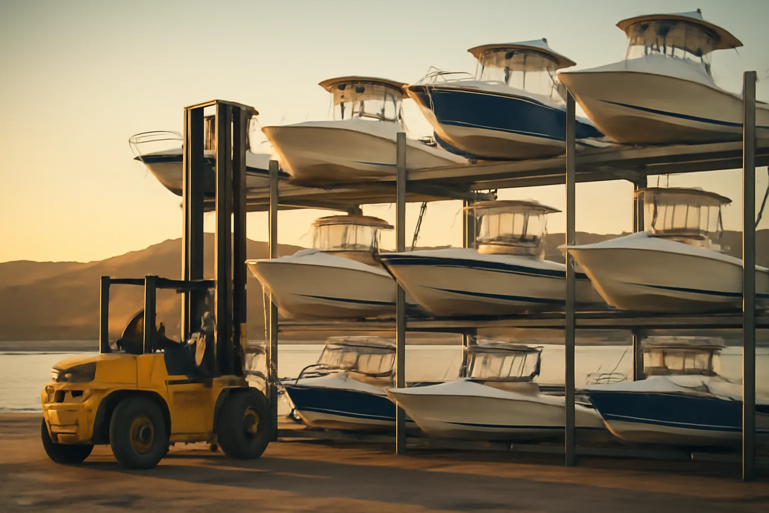 Powerboats stored in steel dry stack racks at a California harbor