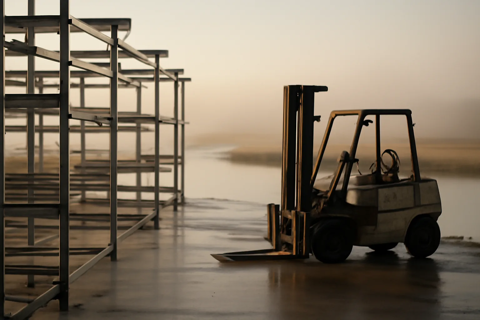 Empty dry stack marina racks on a foggy Delaware bay shoreline