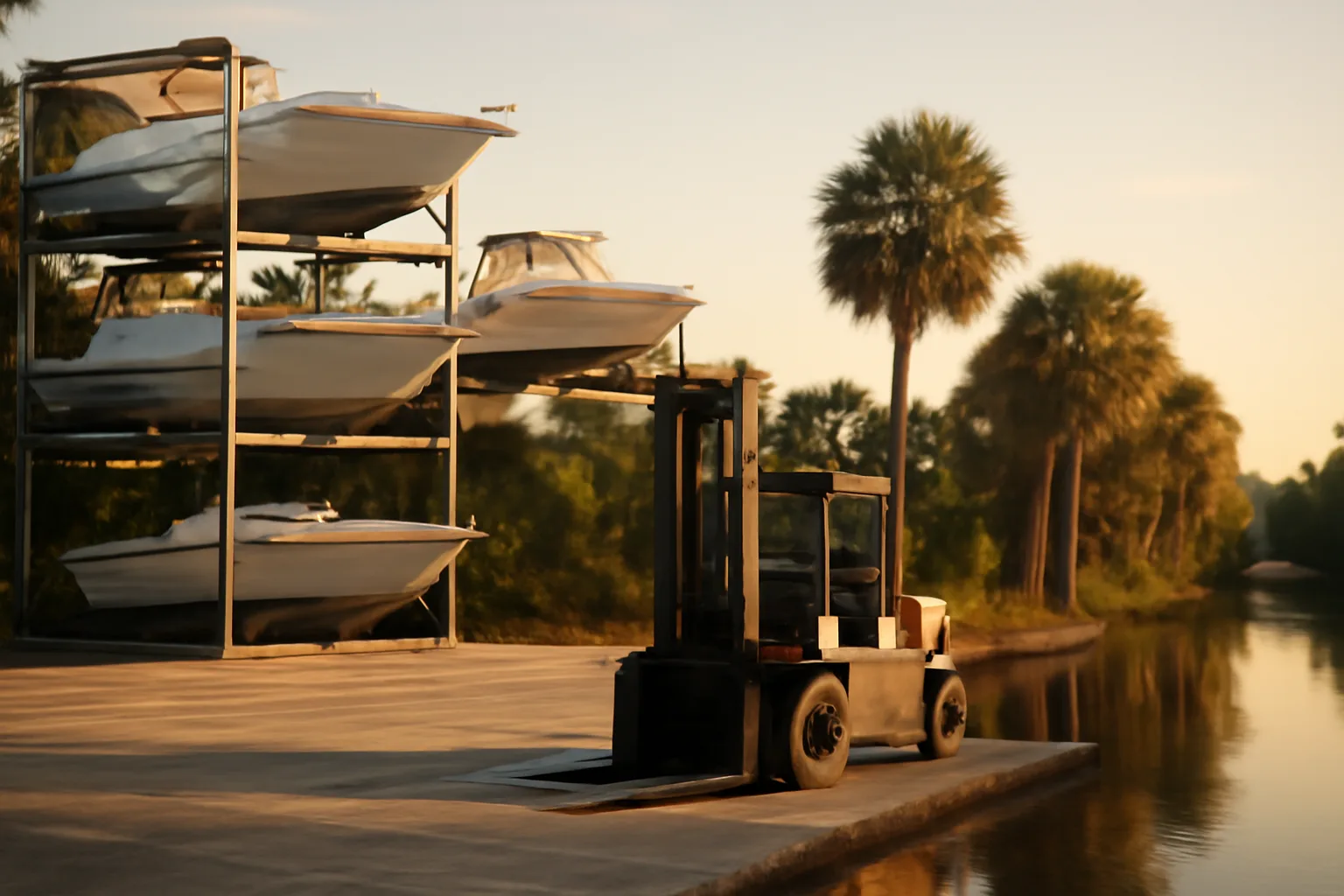 Steel dry stack racks beside a Florida canal launch apron
