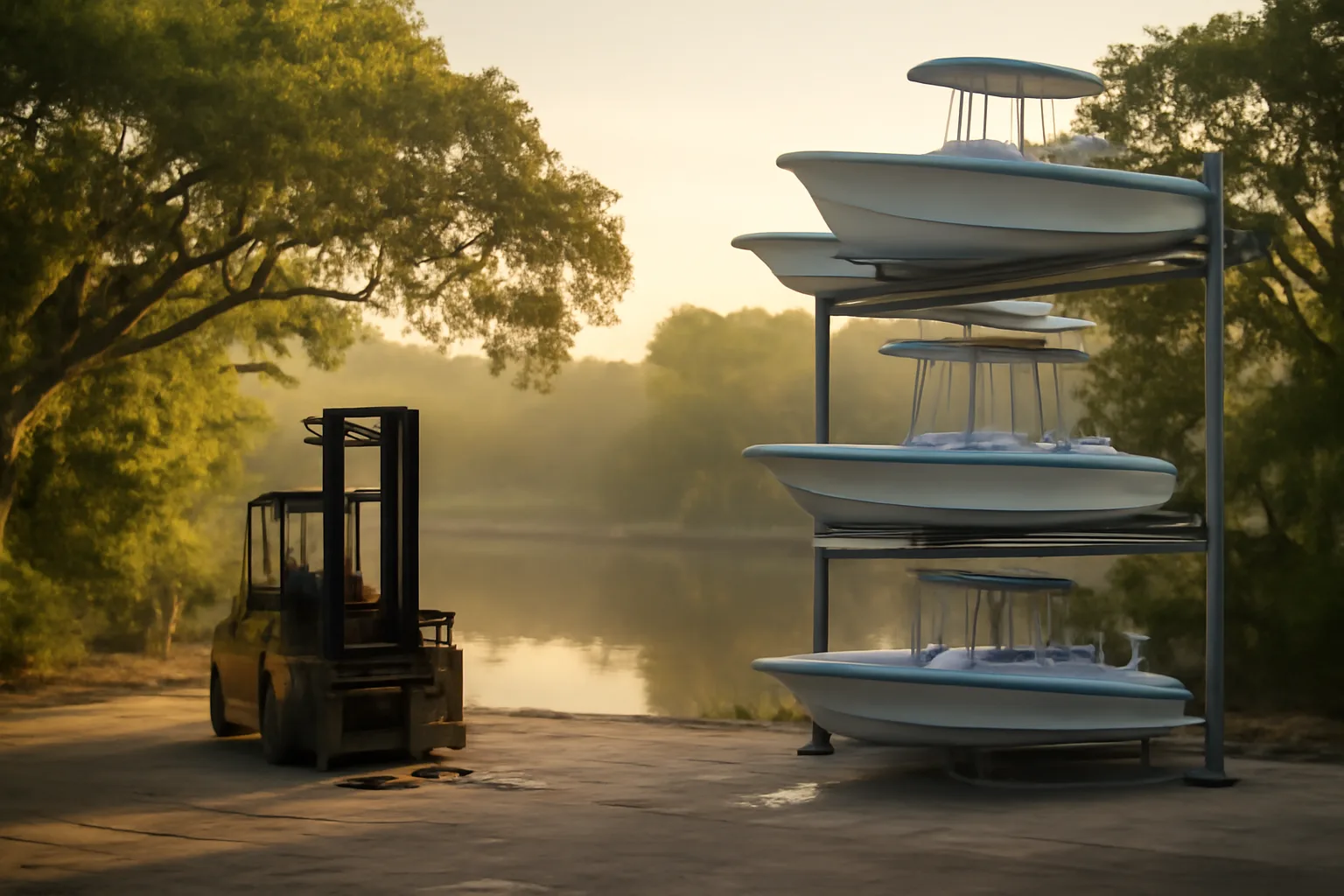 Dry stack boat racks beside a Georgia tidal creek at morning