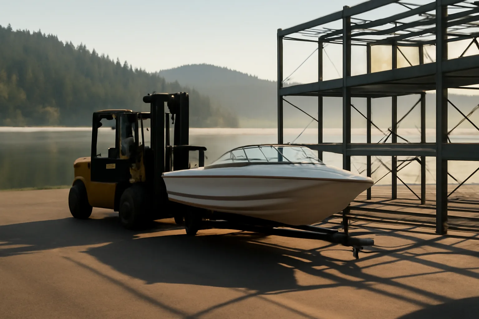 Forklift carrying a boat toward dry stack racks by an Idaho lake